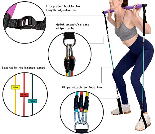 Portable Pilates Stick Yoga Exercise Pilates Bar, Yoga Pilates Bar Reformer Kit, Pilates Bar Kit with Resistance Band,Home Gym Pilates with Foot Loop for Total Body Workout (New-Pink- Pilates)