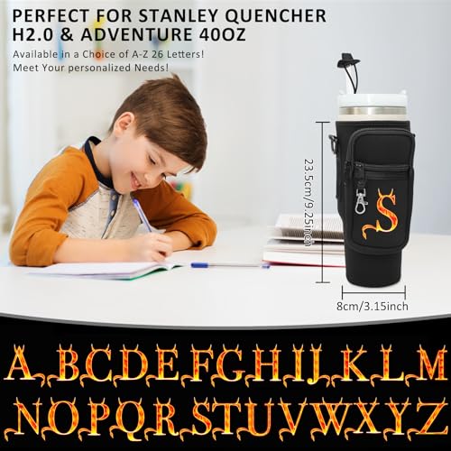 Sunegg Initial Water Bottle Carrier Bag for Stanley 40 oz Tumbler with Handle, Water Bottle Holder Pouch with Phone Pocket, Straw Cover & Carabiner, Nice Accessories for Stanley Cup(Black S)