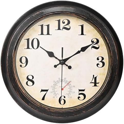 12 Inch Outdoor Clock Waterproof with Thermometer Retro Wall Clock for Garden Patio Pool Home(Bronze)
