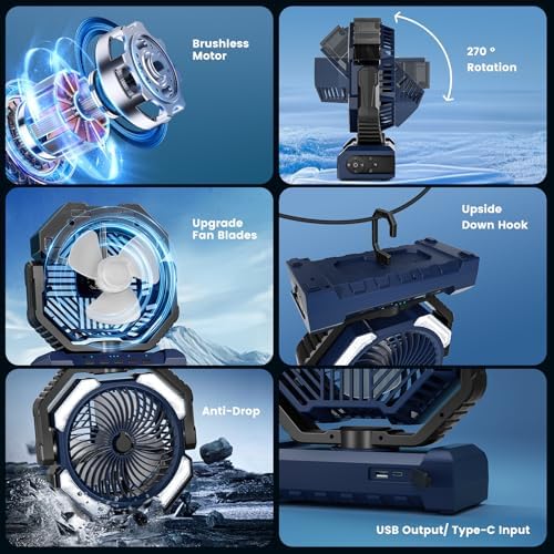 Misting Fan Portable, 20000mAh Rechargeable Battery Powered Camping Fan with Light, Personal USB Battery Operated with Hook & 250mL Water Tank for Outdoor, Tents, Beach, Travel.