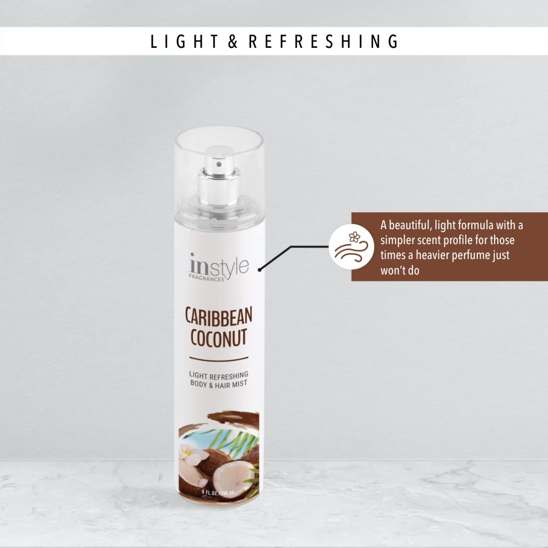 Instyle Fragrances | Body & Hair Mist | Caribbean Coconut Scent | With Panthenol | CLEAN, Vegan, Paraben Free, Phthalate Free | Premium 8 Fl Oz Spray Bottle