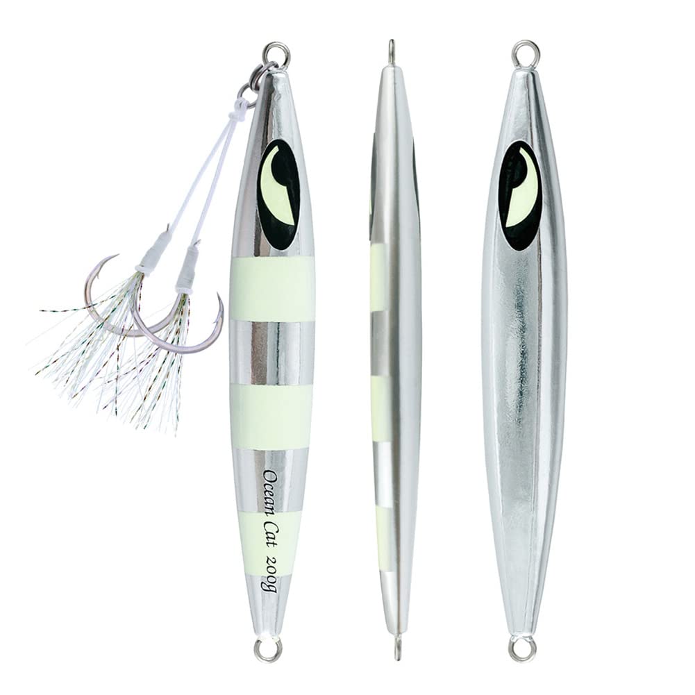 OCEAN CAT 1 PC Lead Metal Flat Slow Fall Pitch Fishing Jigs Lures Sinking Vertical Jigging Bait with Butterfly Hook for Saltwater Fishing (Silver, 250g)