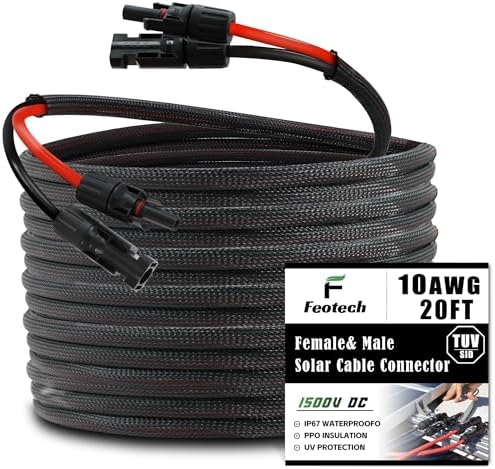Twin Wire 20FT Solar Extension Cable - 10AWG (6mm²) Solar Panel Connector, with 4 Pairs-IP67-Male/Female Solar connectors for Outdoor Automotive RV Boat Marine Solar Panel- Black & Red