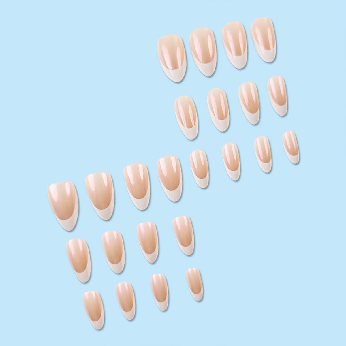 French Tip Press on Nails Mediun Almond Fake Nails Press ons Chrome False Nails with Designs Glossy Full Cover Acrylic Glue on Nails Cute Artificial Stick on Nails for Women Manicure Decoration 24Pcs