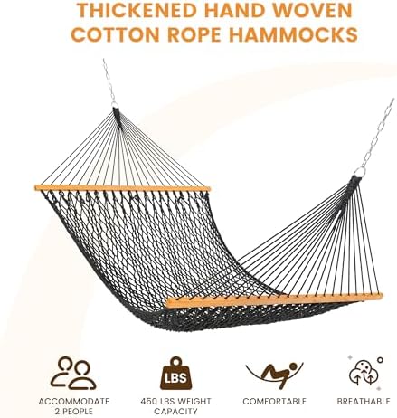 Lazy Daze Hammocks Double Rope Hammock, 2 Person Traditional Outdoor Hand Woven Cotton Rope Hammock with Spreader Bar, Chains, Tree Straps for Patio Yard - Max 450 Lbs, Dark Grey