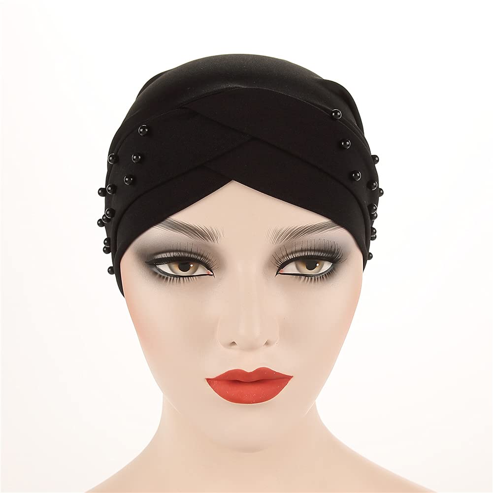 Fxhixiy Women Turban Head Wrap Pre-Tied Beaded Silky Cap Chemo Beanies Chemical Cancer Hair Cover Hat (Black)