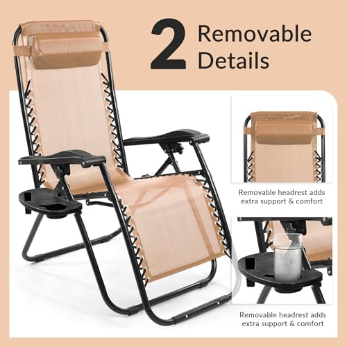 Zero Gravity Chair with Cup Holder & Removable Pillow, Adjustable Reclining Outdoor Patio Folding Chairs for Adults Portable Lounge Chair Furniture for Poolside, Lawn, Beach, Camping, Beige