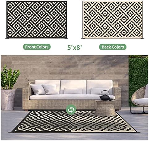 GENIMO 5x8 Outdoor Rug Waterproof, Reversible Mats, Area Rug, Plastic Outside Carpet, Geometric Rv Mat for Patio Camping Rv Picnic Backyard Deck Balcony Porch Beach Trailer (Black & Beige)