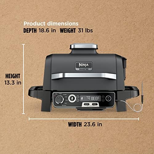 Ninja OG751 Woodfire Pro Outdoor Grill Built-In Thermometer,7-in-1 Master Grill,BBQ Smoker,& Outdoor Air Fryer Plus Bake,Roast,Dehydrate & Broil,Woodfire Technology,Weather-Resistant,Grey XL