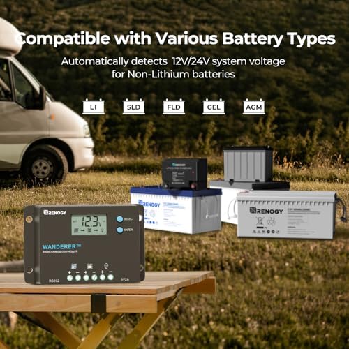 Renogy Wanderer 10A Solar Charge Controller - 12V/24V PWM Auto-Detect, LCD Display, USB & Lithium Support, Waterproof for RV Marine Off-Grid