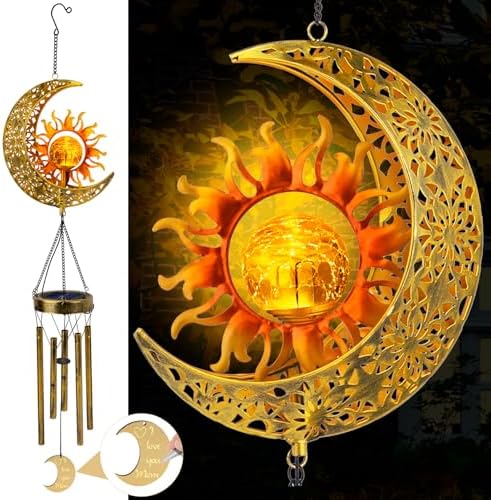 JYPS Sun Moon Solar Wind Chimes, 47-Inch Large Waterproof Windchimes for Outside with Glowing Crackle Glass Ball, Garden Patio Yard Decor Mother's Day Birthday Unique Gifts for Women Mom Grandma Wife