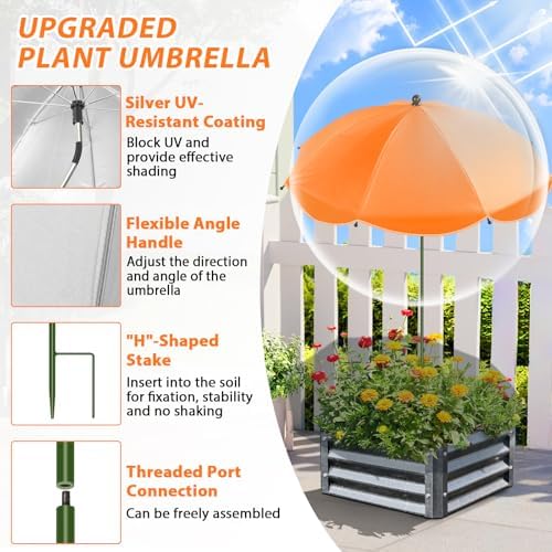 2 Pack Plant Umbrellas for Outdoor Plants, 26" Garden Umbrella for Plants with Adjustable Angle, Plant Umbrella Provide Shade for Outdoor Plants Flower Pot Planting Beds (Green, Orange)