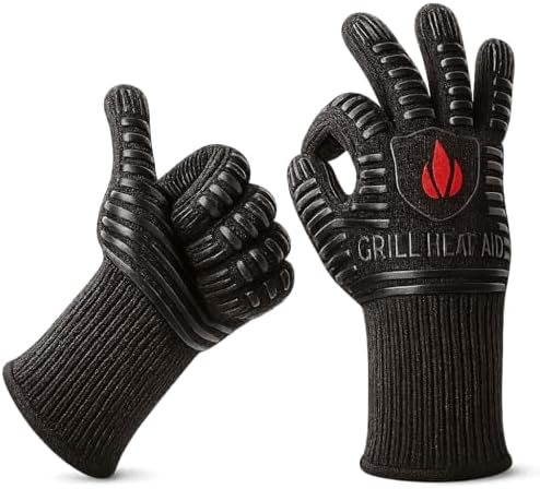 GRILL HEAT AID BBQ Grill Gloves Heat Proof for Grilling – Fireproof 1472°F Heat-Resistant Grill Mitts for Outdoor Barbecue and Smoker, Campfire, Fire Pit, Oven Glove with Fingers for Baking Pizza