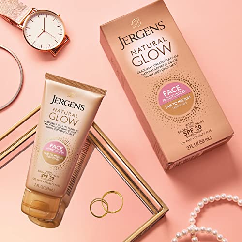 Jergens Natural Glow Face Self Tanner Body Lotion with SPF 20, Fair to Medium Skin Tone, Sunless Tanning, Daily Facial Sunscreen, Oil Free, Broad Spectrum UVA and UVB Protection, 2 Oz