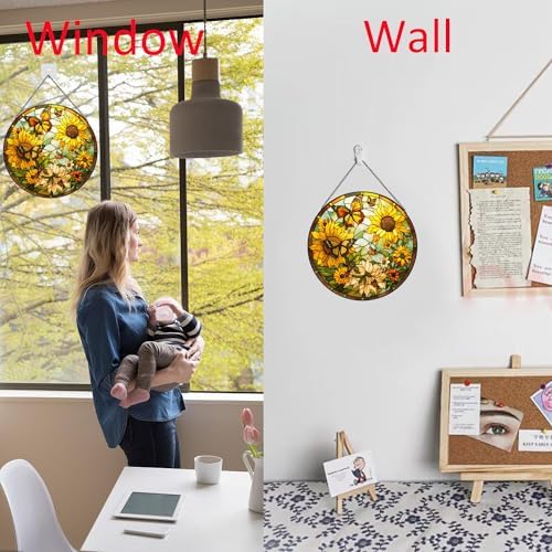 Sunflower Hanging Stained Glass for Windows,20cm/7.87inch Hand-Painted Sun Catcher Garden Hangings Christmas Mother's Day, Valentine's Day Ornaments Festival Gift