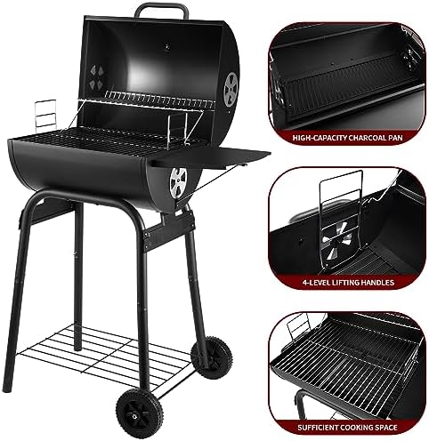 Charcoal Grill Outdoor BBQ Grill, Barrel Charcoal Grills with Side Table, with Nearly 500 Sq.In. Cooking Grid Area, Outdoor Backyard Camping Picnics, Patio and Parties, Black