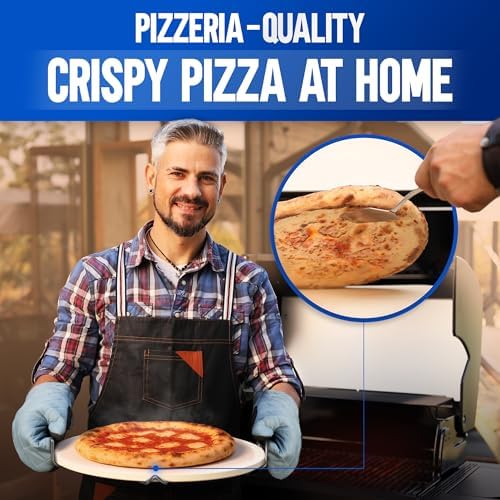 KitchenStar 16-inch Pizza Stone for Oven and BBQ Grill with Handles, Round, 5/8" Thick - Natural Cordierite, 1800 °F Resistant, Baking Stone Set with Stainless Steel Rack & Plastic Scraper Tool