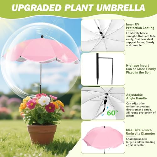 4 Pack Plant Umbrellas for Outdoor Plants,26" Larger Garden Umbrella Sun Shade for Garden Beds Potted Plants-Upgraded 43.3" Higher Adjustable Angle Plant Shade Cover Umbrellas for Plant Flower