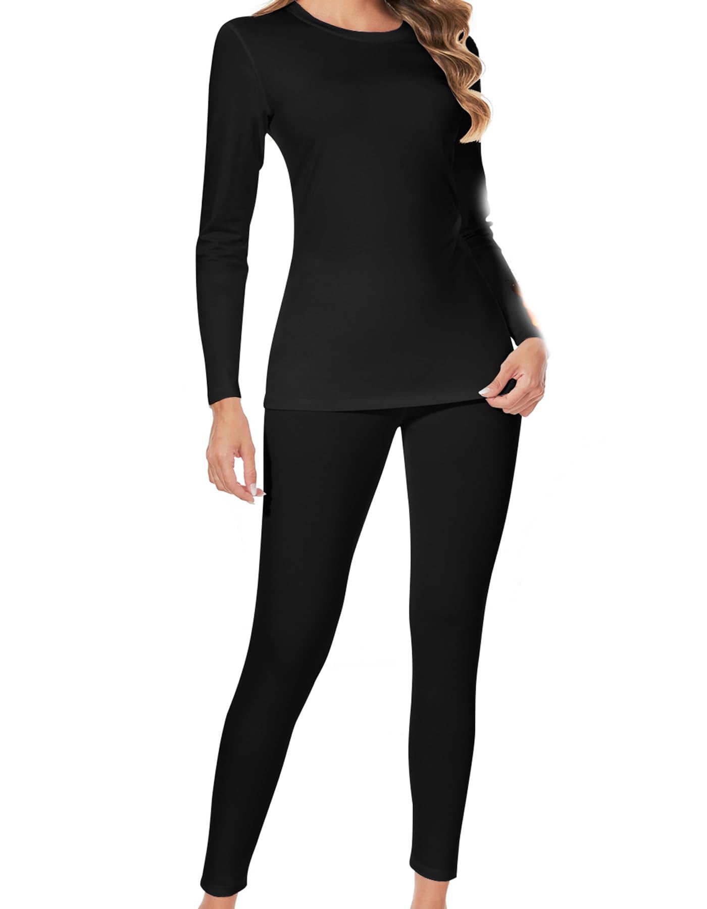 YADIFEN Women Thermal Underwear Set,Long Johns for Women Base Layer with Fleece Lined Long Underwear Top Bottom Cold Weather Black