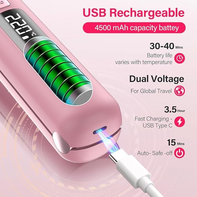 Cordless Hair Straightener and Curler 2 in 1 Mini Lightweight and Small USB Rechargeable with 4500mAh Battery 10s Fast Heating Portable Ceramic Flat Iron for Travel (Pink)