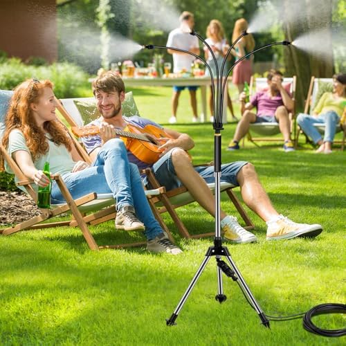 Misters for Outside Patio, Adjustable 4.1FT Standing Misting Cooling System with 26.2FT (8M) Water Supply Line， Outdoor Water Mist Hose for Cooling Backyard Garden Pool Tanning BBQ Kids Playing