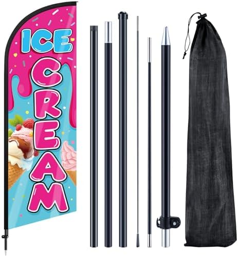 Ice Cream Advertising Feather Flag 7 ft Advertising Swooper Flag Banner Signs with Pole and Ground Stake for Store Business Outside