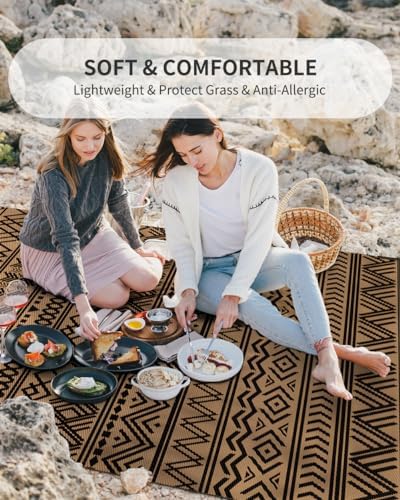 MontVoo-Outdoor Rug Carpet Waterproof 5x8 ft Reversible Patio Rug RV Camping Rug-Plastic Straw Rug Outside Indoor Outdoor Area Rug for Patio Deck Balcony Picnic Beach Outdoor Decor Boho Black Brown