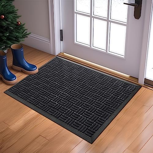 Mibao Front Door Mat, Heavy Duty Durable Welcome Mat for Outdoor Indoor, Dirt Trapper Waterproof Super Absorbent Door Mat for Entryway Outside Patio Porch, 29.5" x 17", Black