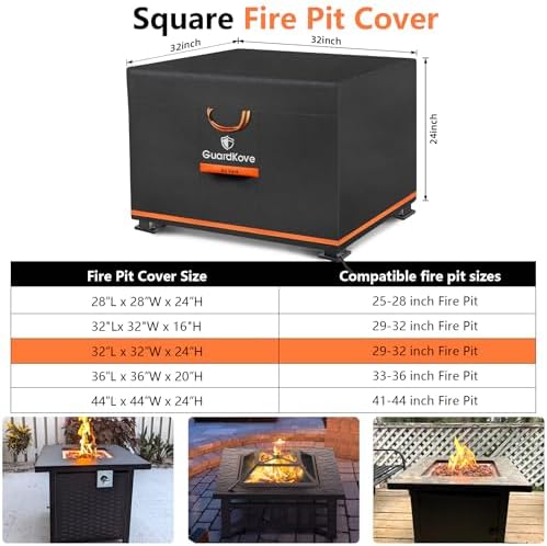 Fire Pit Cover Square 32 Inch [2025 Upgraded 1000D Heavy Duty Fabric] for 29”- 32” Fire Pit/Table, Waterproof Tear & Fade Resistant Firepit Cover with Buckle, Drawstring (32”L x 32”W x 24”H, Black)