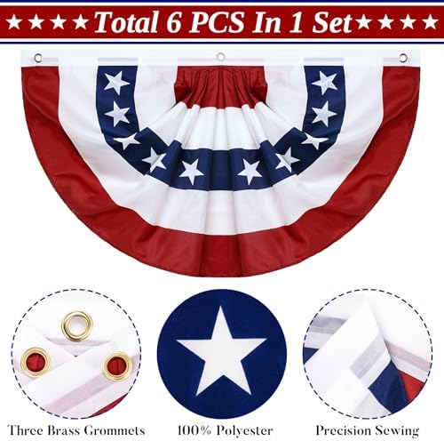 6 Pack American Pleated Fan Flag,1.5 X 3 FT American Bunting with Brass Grommets and Zip Ties,Patriotic Half Fan Banner Flag Decor, Memorial Day 4th of July Decoration Outdoor