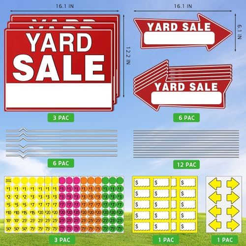 14pcs Yard Sale Signs, 17" x 13", Double Sided with Metal Stake, Pricing Stickers, Directional Arrows & Neon Stickers, Garage Sale Supplies