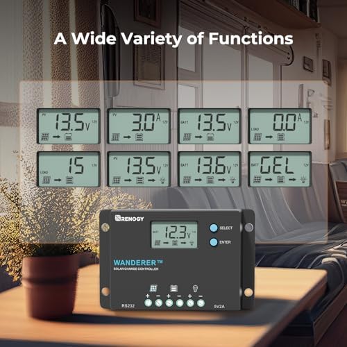 Renogy Wanderer 10A Solar Charge Controller - 12V/24V PWM Auto-Detect, LCD Display, USB & Lithium Support, Waterproof for RV Marine Off-Grid