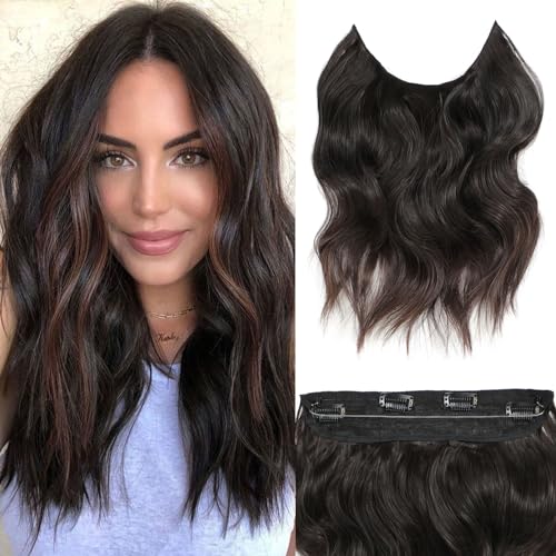 BUPPLER Halo Hair Extensions 12 Inch Invisible Wire Hair Extensions Adjustable Long Wavy Hair Extensions Synthetic Upgrade 4 Secure Clips in Hairpieces 12 Inch,Jet Black to Brown