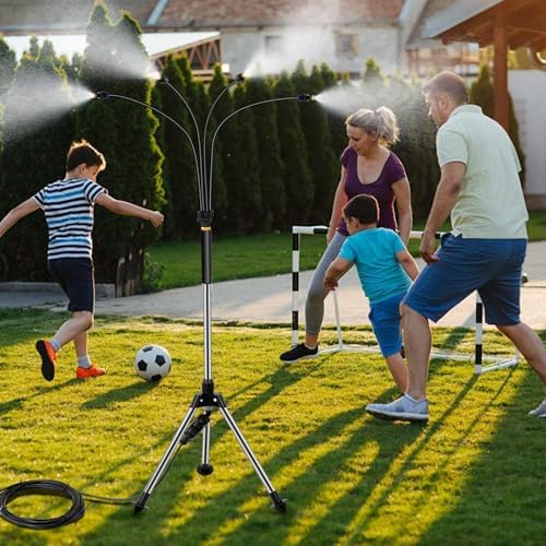 Misters for Outside Patio, Adjustable 4.1FT Standing Misting Cooling System with 26.2FT (8M) Water Supply Line， Outdoor Water Mist Hose for Cooling Backyard Garden Pool Tanning BBQ Kids Playing