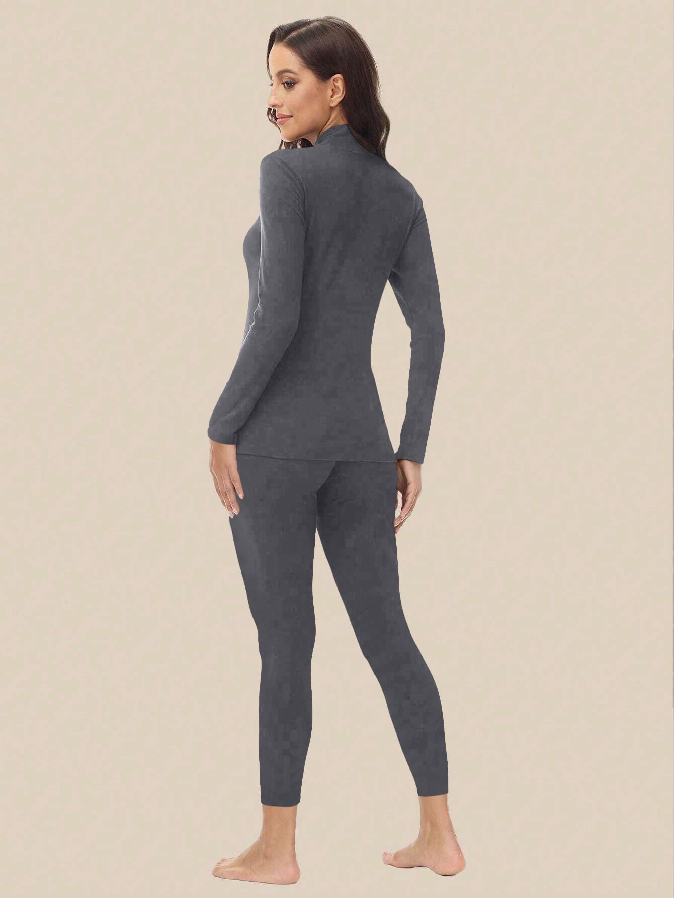 VPESL Womens Mock Neck Thermal Underwear Winter Long Johns with Fleece Lined Long Sleeves Base Layer Set Top Bottom Gray