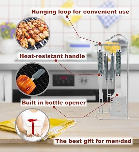 ROMANTICIST 20pc Heavy Duty BBQ Grill Tool Set in Case - The Very Best Grill Gift for Father's Day and Christmas - Professional BBQ Accessories Set for Outdoor Cooking Camping Grilling Smoking, Grey