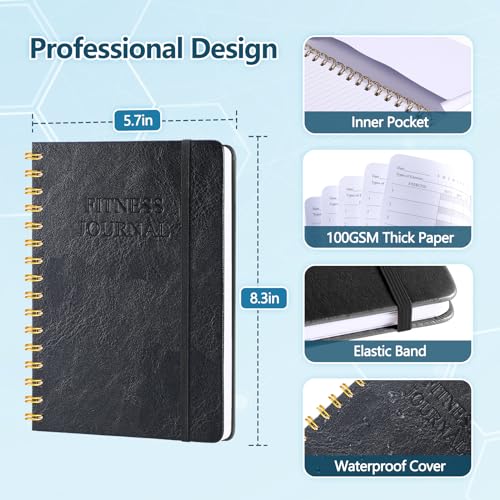 Fitness Journal-Workout Journal for Women & Men, Hard Cover Leather Fitness Planner, Workout Log Book With Gym Goals, Calendar, Progress Tracker, A5-5.7" x 8.3" - Black