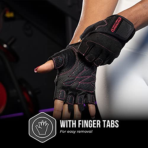 Contraband Pink Label 5137 Women's Padded Weight Lifting and Rowing Gloves w/Grip-Lock Padding (Pair) - Machine Washable Fingerless Workout Gloves Designed Specifically for Women (Black, X-Small)
