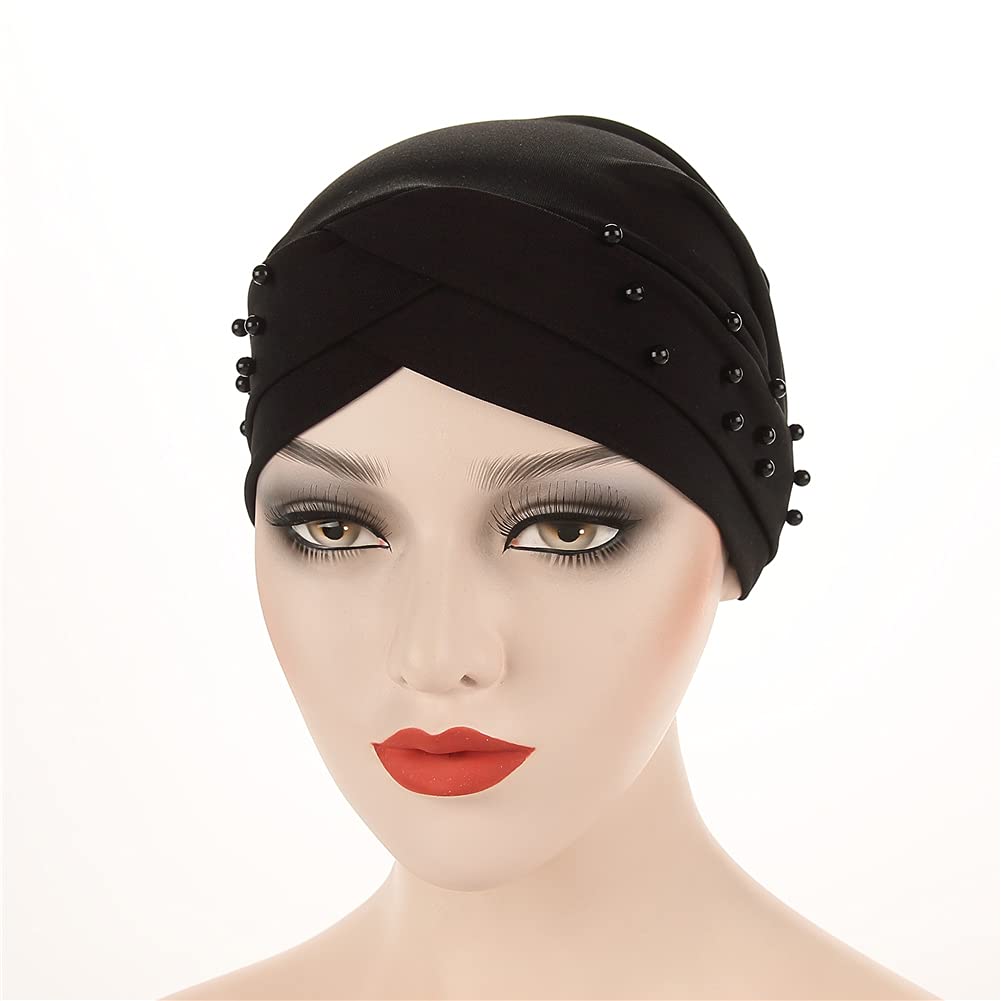 Fxhixiy Women Turban Head Wrap Pre-Tied Beaded Silky Cap Chemo Beanies Chemical Cancer Hair Cover Hat (Black)