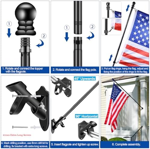 Black Flag Pole Kit for House, 5 FT Thickened Stainless Steel Outside Wall Mount Flagpole for 3x5' Flag, 1" Tangle Free Rotating Flag Pole Rings & 2-Position Bracket Holder for Porch