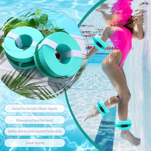 RoundFunny 2 Pcs Foam Swim Aquatic Cuffs Equipment Water Aerobics Float Ring with Detachable Hook and Loop Fastener Fitness Workout Set for Swimming Fitness Training Pool Exercise (Aquamarine)