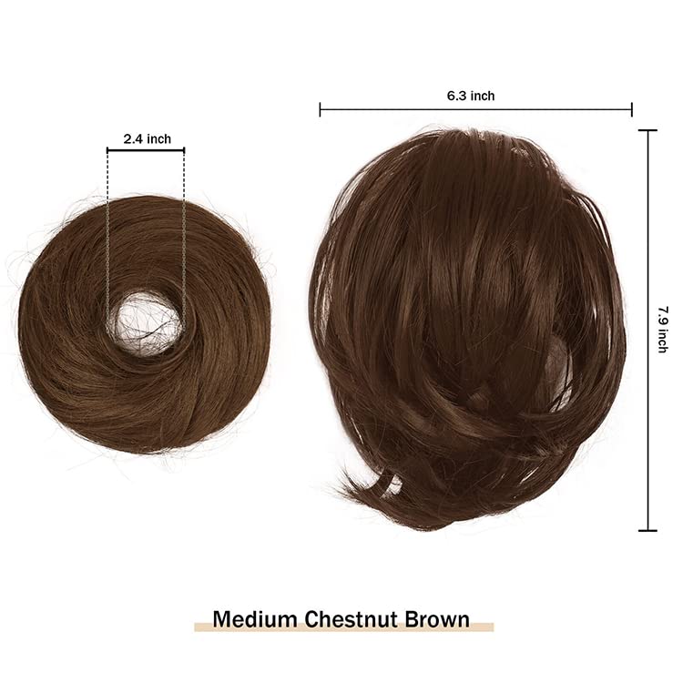 BARSDAR Straight Hair Bun Extensions - Synthetic Fully Short Straight Ponytail Hair Bun Extensions for Women - Elastic Messy Hair Bun Hairpieces Scrunchies Daily - Medium Chestnut Brown