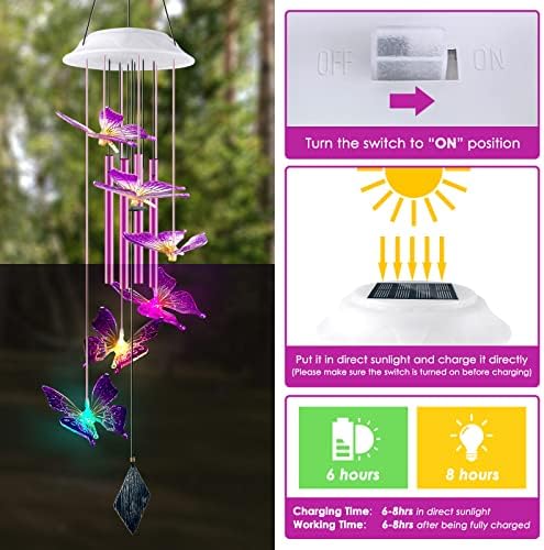 Solar Butterfly Wind Chimes, Gifts for Mom Women, Glowing Top Changing Colors LED Wind Chime for Outside with 4 Iron Tubes, Outdoor Decor Mobile for Garden Yard (Purple)