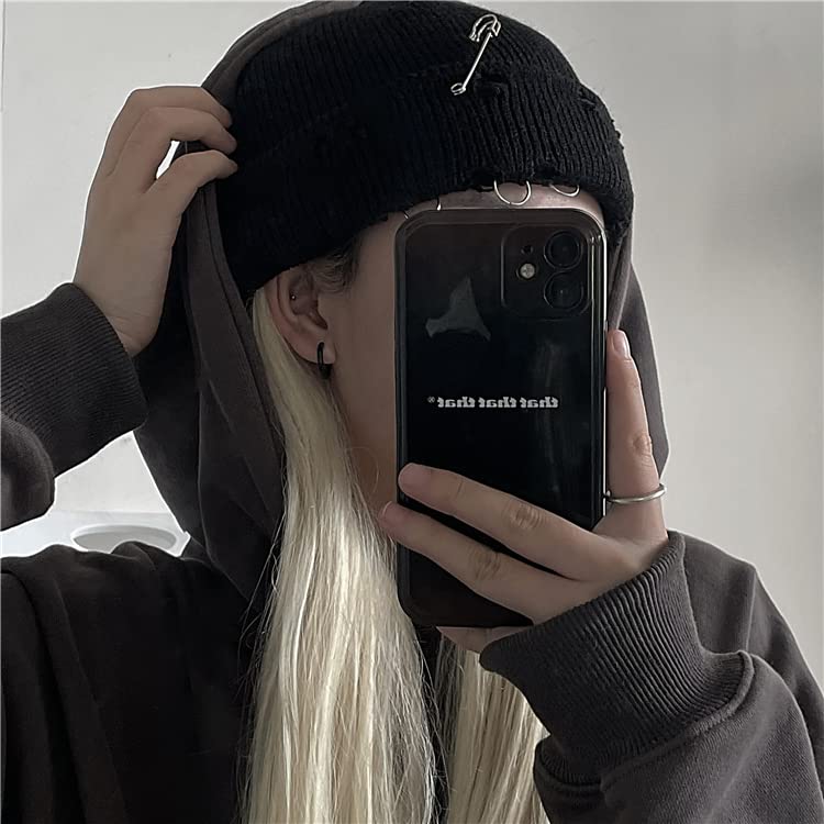 Gothic Beanie Winter Knit Hats Trendy Metal Rings Pin Hip Hop Streetwear Harajuku Y2k Skull Cap Emo Scene Grunge Accessories (Black,One Size)