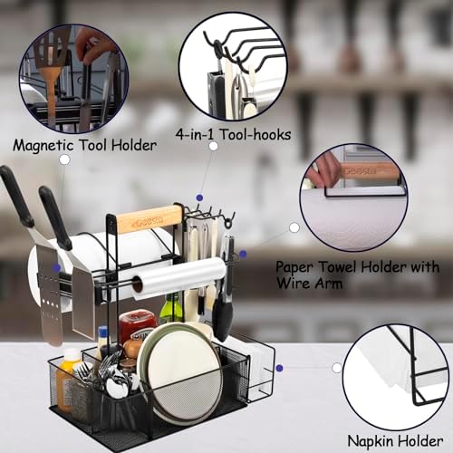 Geesta Grill Caddy - BBQ & Picnic Caddy with Paper Towel & Magnetic Tool Holders, Condiment Storage for Camper & Tailgate