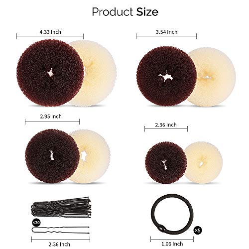 FANDAMEI Hair Donut Bun Makers Set - 4 Dark Brown & 4 Beige (2 Extra-Large, 2 Large, 2 Medium, 2 Small), 5 Elastic Bands, 20 Hair Pins