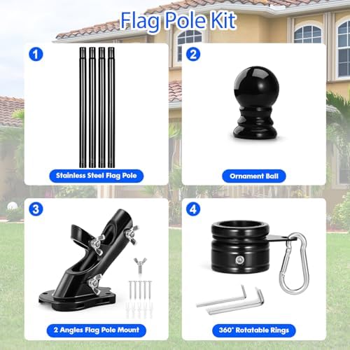 Anovo Flag Pole Kit- Stainless Steel 5 FT Flag Poles with1 Inch Metal 360° Rotating Flag Pole Rings Clip, Two-Position Flag Pole Holder Brackets Mounting for Outside House Outdoor Porch (5 FT - Black)