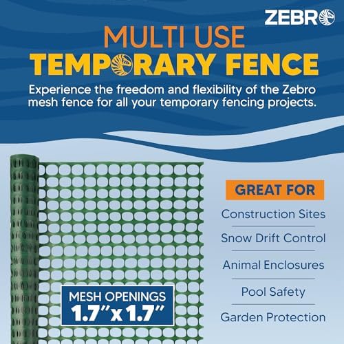 ZEBRO 4' x 100' Green Plastic Garden Fence Roll – Standard Duty Safety Netting for Snow, Poultry, Deer, Dogs – Reusable Outdoor Barrier for Yard, Landscaping, Animal Protection