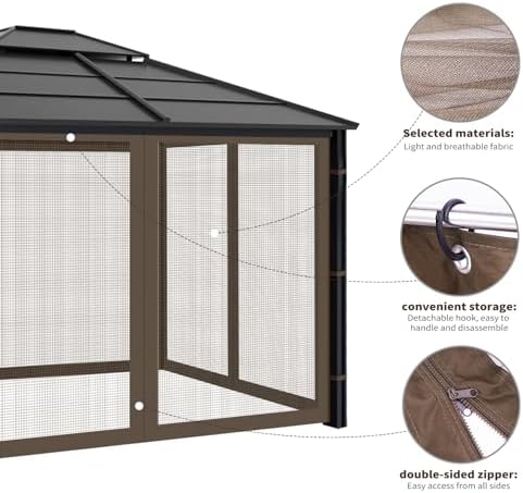 Gazebo Replacement Mosquito Netting Outdoor Universal Gazebo Canopy 4-Panels Screen Sidewalls with Zipper for Patio Garden Yard Backyard (Mosquito Net Only) (10x10, Coffee)