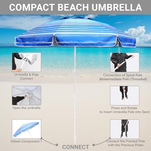 6.5ft Beach Umbrella - Heavy Duty Wind Resistant UV 50+ Portable Sun Shade with Sand Anchor & Carry Bag, Outdoor Folding Umbrella for Beach, Pool, Patio, Garden (Blue Stripe)